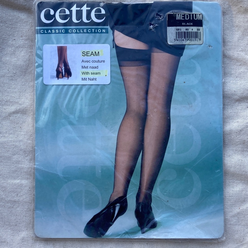 Cette Belgium back seam sheer plain top thigh high stockings black M